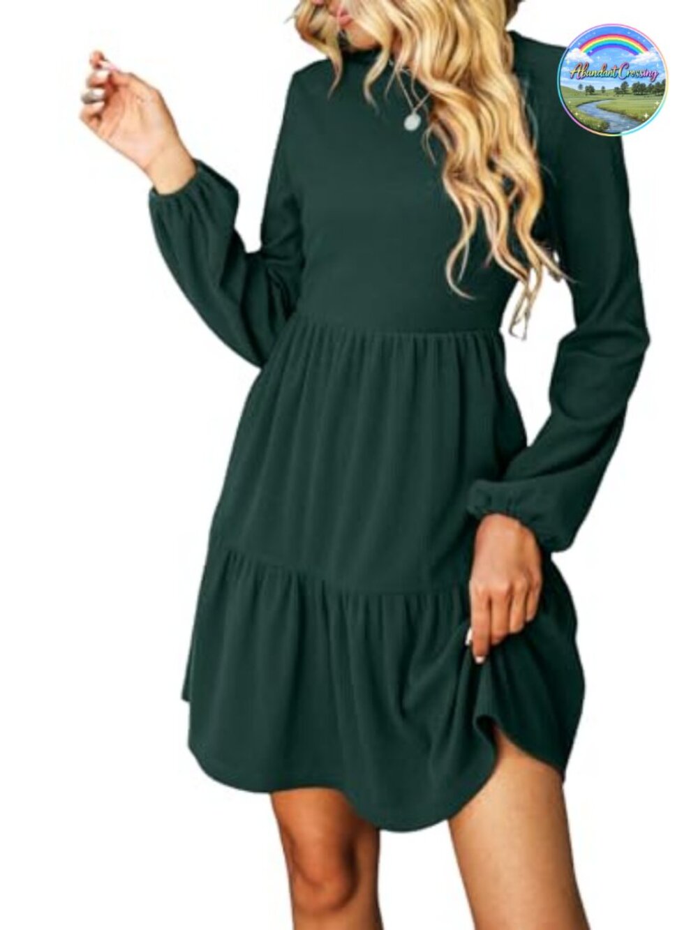 Bishop Sleeve Crew Neck Babydoll Sweater Mini Dress Ruffle Tiered